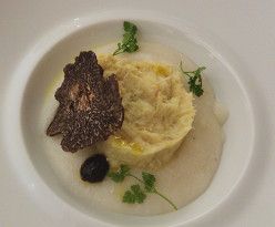 Baccalà mantecato, polenta biancoperla al tartufo, olio di Coratina - Restaurant Armani