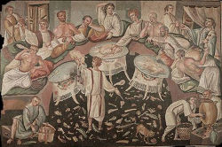 Mosaïque avec scène de banquet, de Aquilée. V ème siècle après J.-C. Musée de le Château de Boudry