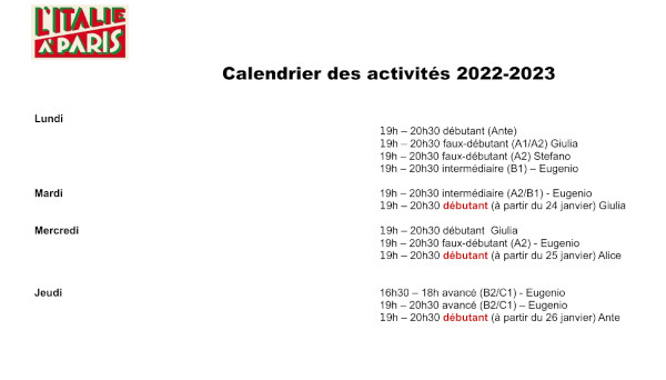 Calendrier cours d'italien