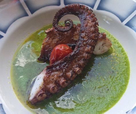 Restaurant Come a casa - tentacule de poulpe grillé sur crème de petits pois